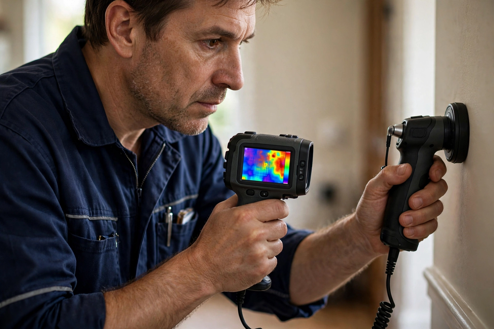 Leak detection specialist using thermal imaging camera to find hidden water leak in Casper WY home